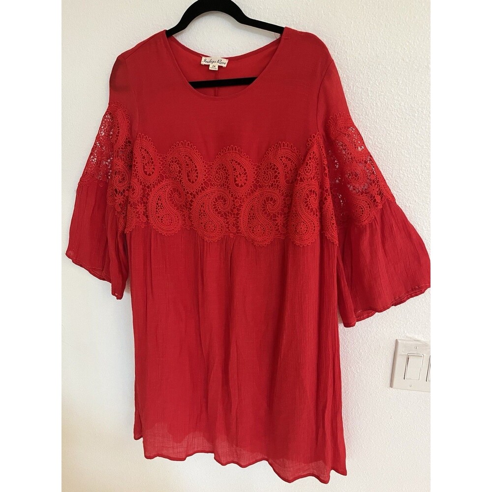 Indigo Rose Red Lace Insert Bell Long Sleeve Babydoll Dress Plus Size 2X Boho